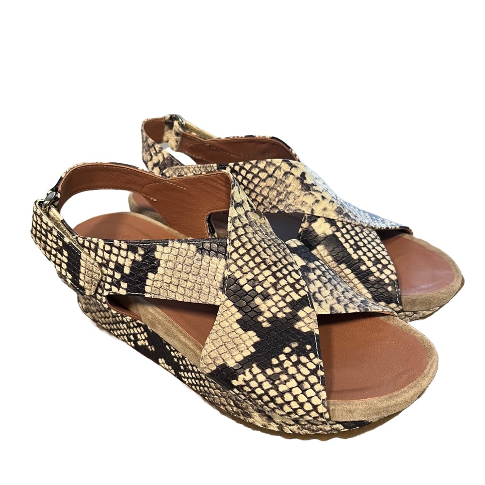 HOMERS Artisan Sz 36 (6-6.5) Leather Tan Snakeskin Platform Wedge Sandals EUC